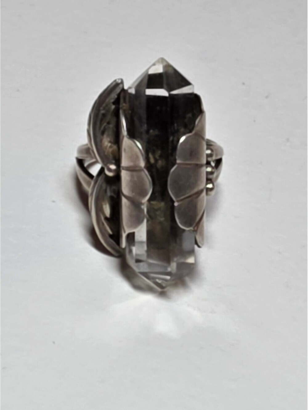 Vintage Sterling Silver Clear Quartz Crystal Point Leaf Ring - Size 7